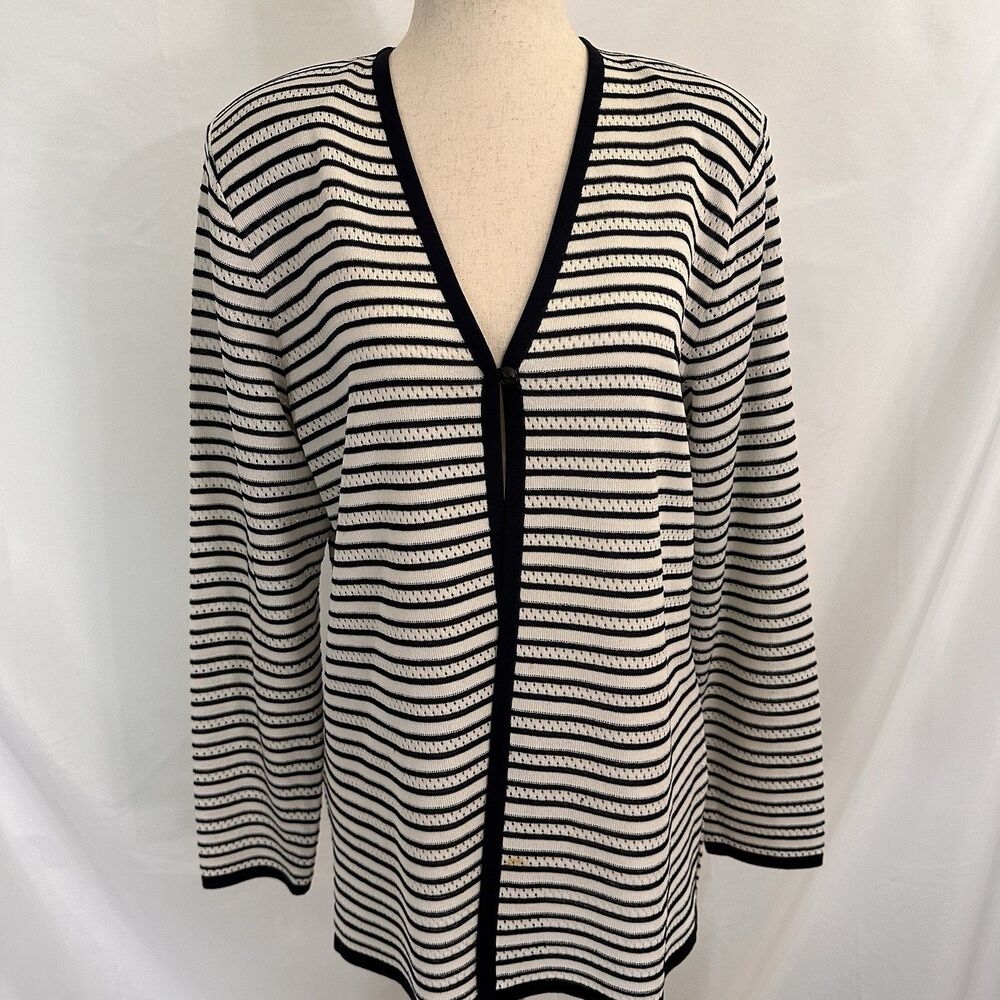 Exclusively Misook Navy Striped Long Sleeve Button Acrylic Cardigan MEDIUM
